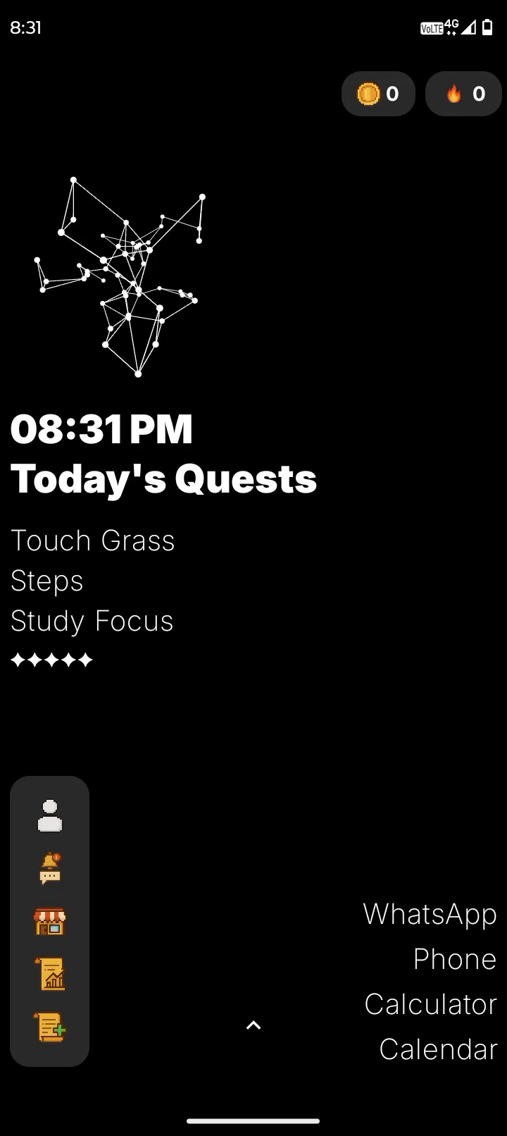 App interface on a smartphone showing quests and focused apps.